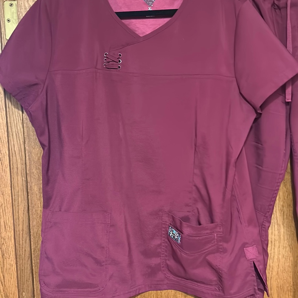Burgundy Koi Tech Scrubs. XL top, XL tall bottoms.